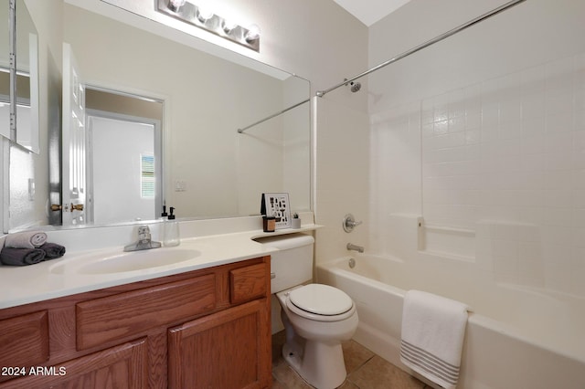 full bathroom with shower / washtub combination, tile patterned flooring, vanity, and toilet