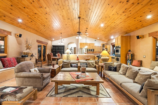 living room featuring ceiling fan, tile floors, wood ceiling, and vaulted ceiling