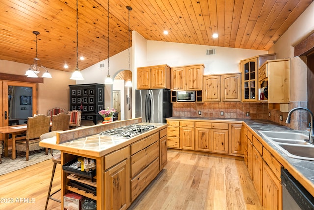 kitchen with stainless steel appliances, light hardwood / wood-style flooring, pendant lighting, backsplash, and sink