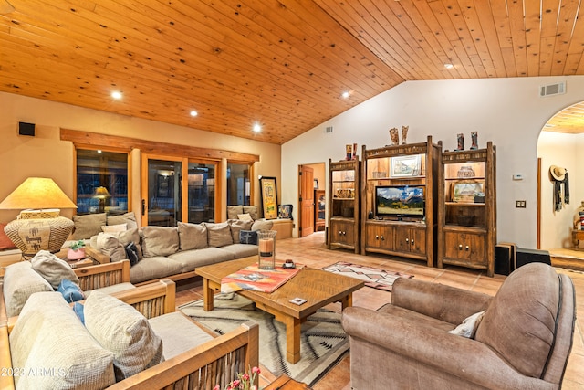 tiled living room featuring vaulted ceiling and wooden ceiling