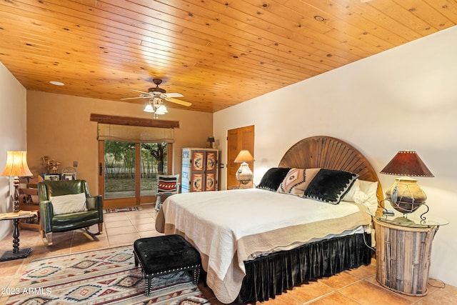 bedroom featuring wooden ceiling, ceiling fan, access to exterior, and light tile floors