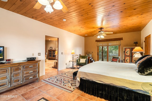 tiled bedroom with ceiling fan and wood ceiling