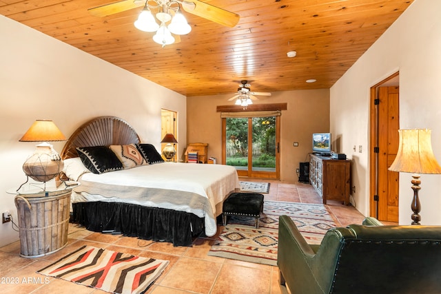 bedroom with light tile flooring, access to exterior, ceiling fan, and wood ceiling