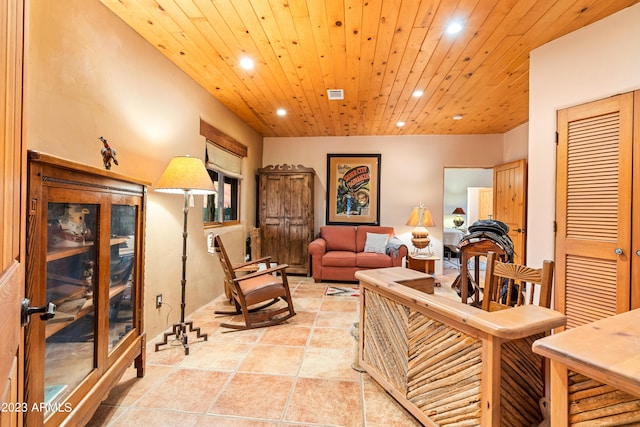 tiled living room with wooden ceiling