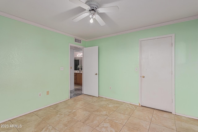 unfurnished bedroom featuring crown molding, ceiling fan, and light tile patterned floors