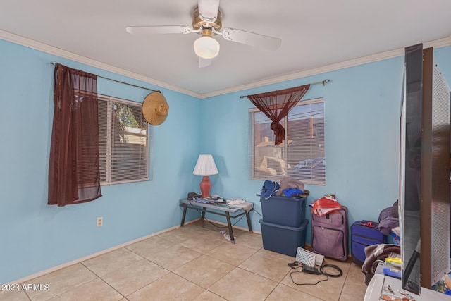 interior space featuring crown molding, ceiling fan, and light tile patterned flooring