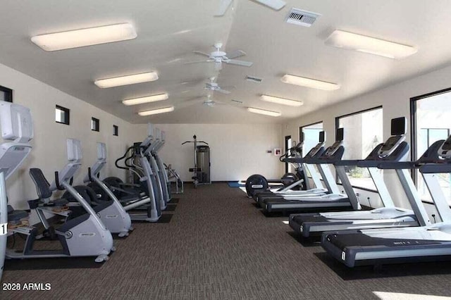 exercise room featuring vaulted ceiling and dark carpet