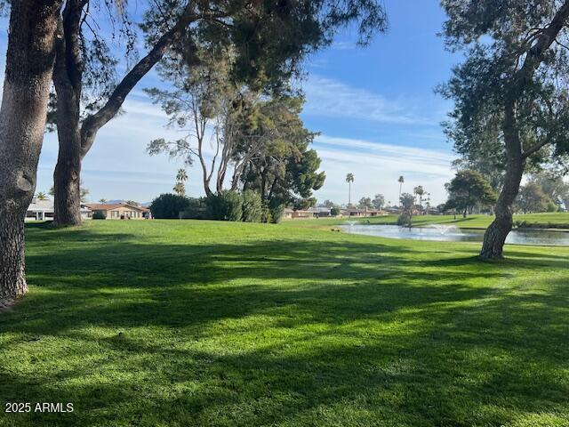 view of community with a water view and a yard