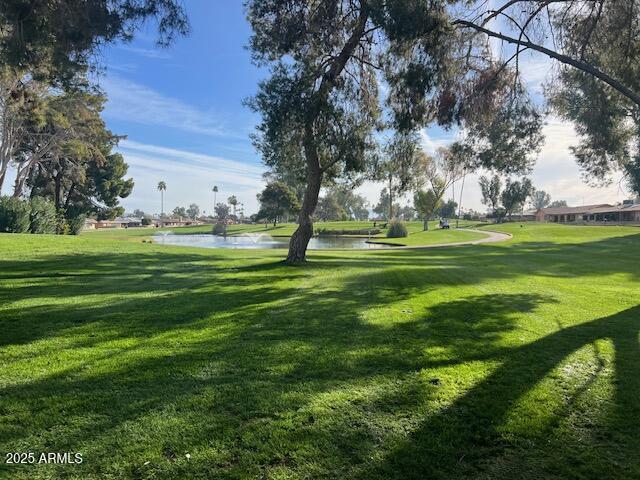 view of community featuring a water view and a lawn