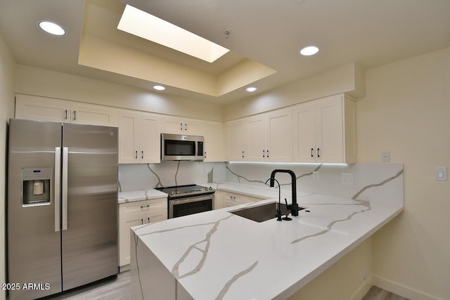 kitchen featuring stainless steel appliances, sink, white cabinets, and kitchen peninsula