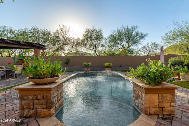 view of pool with pool water feature and a patio area