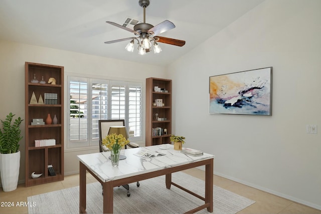 15016 W Monterey Way, Goodyear, AZ 85395 - office area featuring a ceiling fan, lofted ceiling, light tile patterned floors, and baseboards