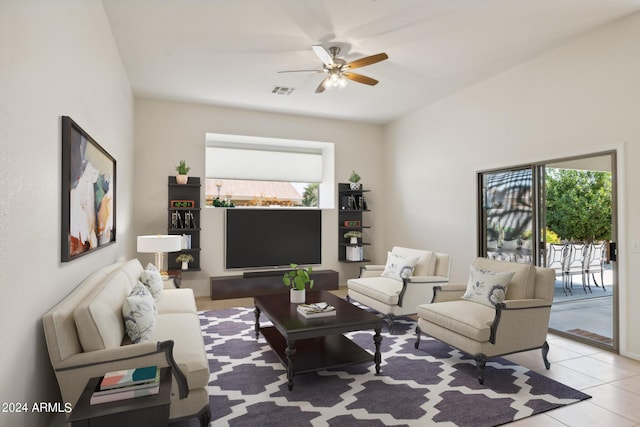 15016 W Monterey Way, Goodyear, AZ 85395 - living room featuring light tile patterned flooring, a ceiling fan, and visible vents