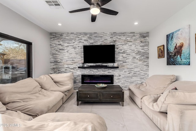 living room featuring ceiling fan