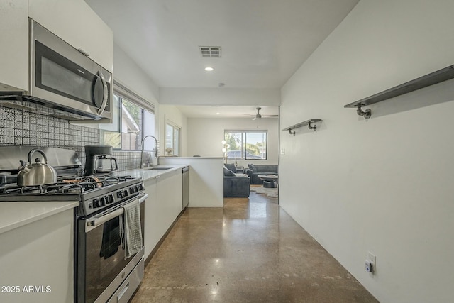 kitchen with plenty of natural light, stainless steel appliances, sink, and white cabinets