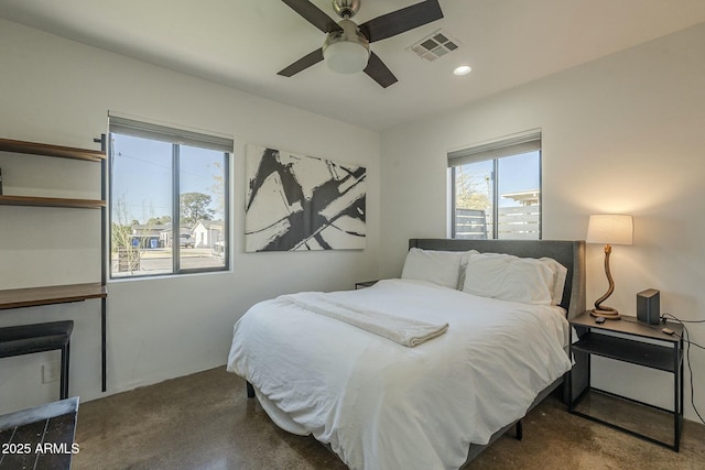 bedroom featuring carpet floors and ceiling fan