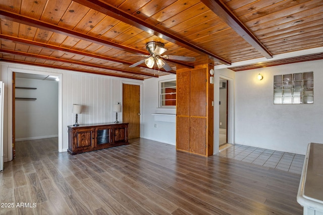 126 E Cattle Ln, Taylor, AZ 85939 - unfurnished living room featuring a wooden ceiling with exposed beams, wood finished floors, and a ceiling fan