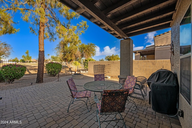 view of patio / terrace with a fenced backyard, grilling area, and outdoor dining space