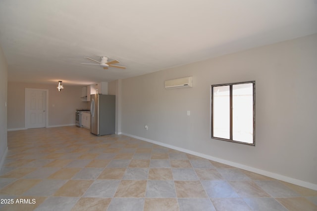 3640 W Garfield St, Phoenix, AZ 85009 - unfurnished living room featuring a wall mounted AC, a ceiling fan, baseboards, and light tile patterned flooring