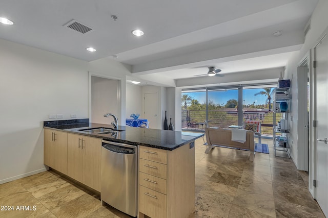 kitchen with light brown cabinetry, sink, dishwasher, and kitchen peninsula