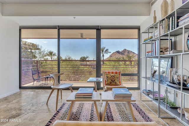 living area featuring a mountain view