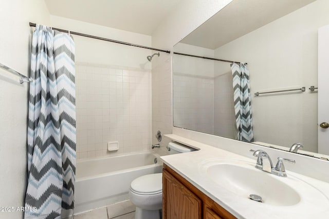 bathroom featuring toilet, tile patterned floors, shower / tub combo, and vanity