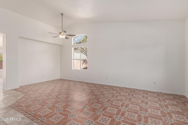 unfurnished room featuring baseboards, light tile patterned floors, high vaulted ceiling, and a ceiling fan