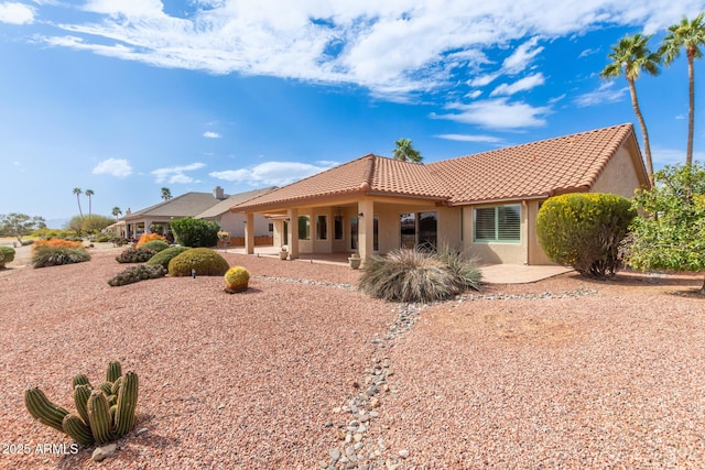 rear view of house with a patio area, a tiled roof, and stucco siding