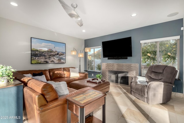 living room with light tile patterned floors