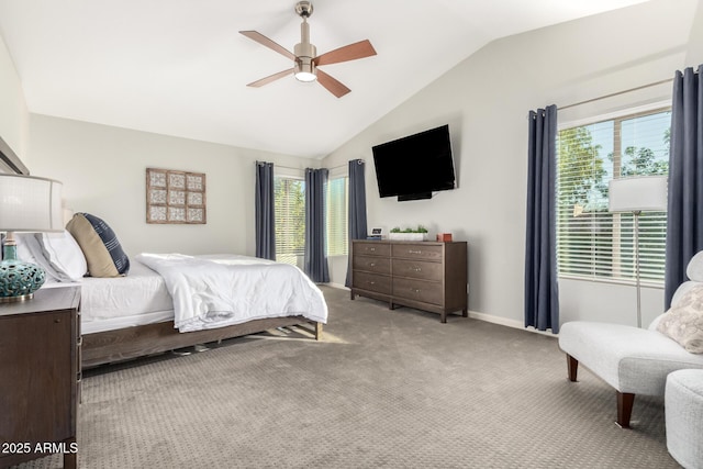 bedroom with lofted ceiling, carpet floors, and ceiling fan