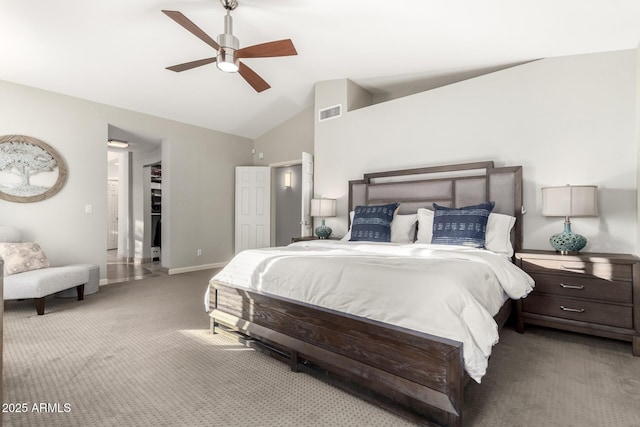 bedroom with ceiling fan, light colored carpet, and lofted ceiling