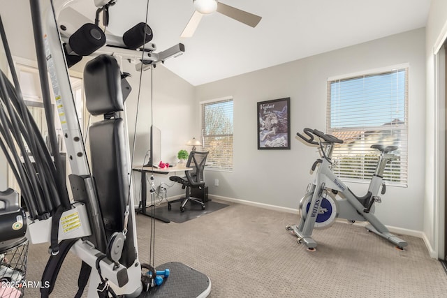 exercise room with vaulted ceiling and ceiling fan