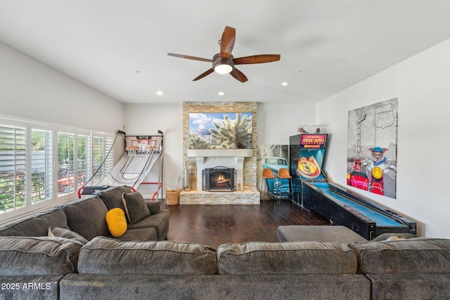 7214 E Royal Palm Rd, Scottsdale, AZ 85258 - living area with wood finished floors, a ceiling fan, a fireplace, and recessed lighting