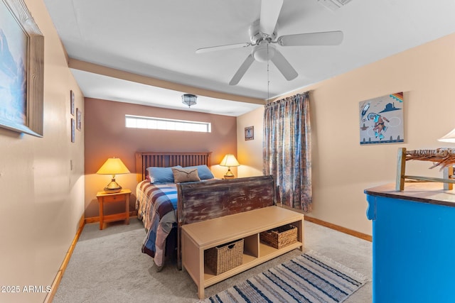 bedroom featuring ceiling fan, baseboards, visible vents, and carpet floors