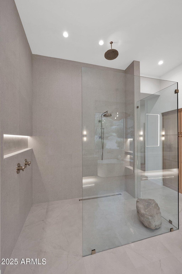 full bathroom featuring a walk in shower and recessed lighting