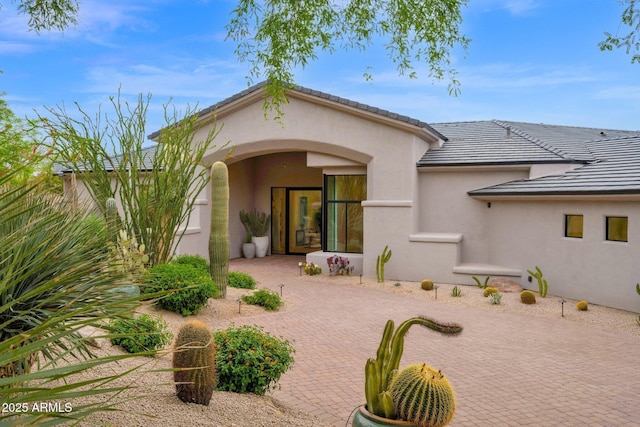 entrance to property featuring a tile roof, a patio, and stucco siding