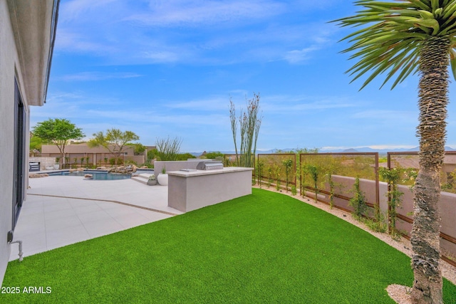 view of yard with a fenced backyard, exterior kitchen, a fenced in pool, and a patio