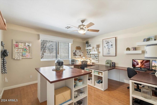 office space featuring ceiling fan, visible vents, light wood-style flooring, and baseboards