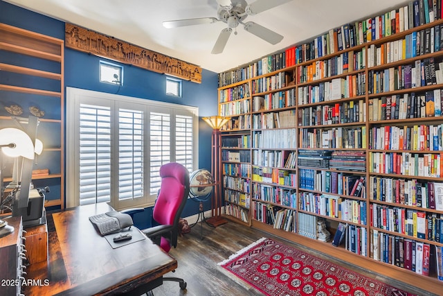 office area featuring ceiling fan and dark hardwood / wood-style flooring