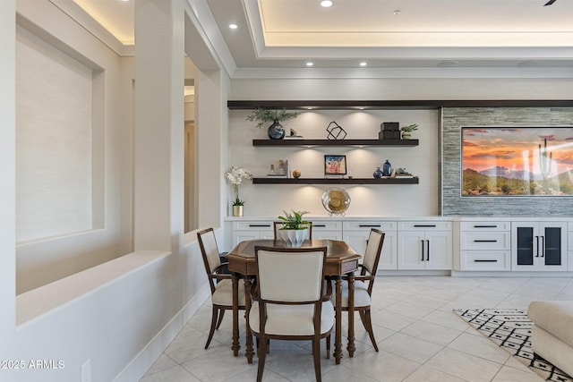 dining space with light tile patterned flooring, recessed lighting, and baseboards