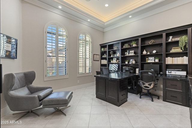 home office featuring baseboards, ornamental molding, recessed lighting, light tile patterned flooring, and a raised ceiling