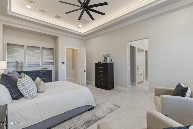 bedroom with light tile patterned floors, baseboards, visible vents, a tray ceiling, and recessed lighting