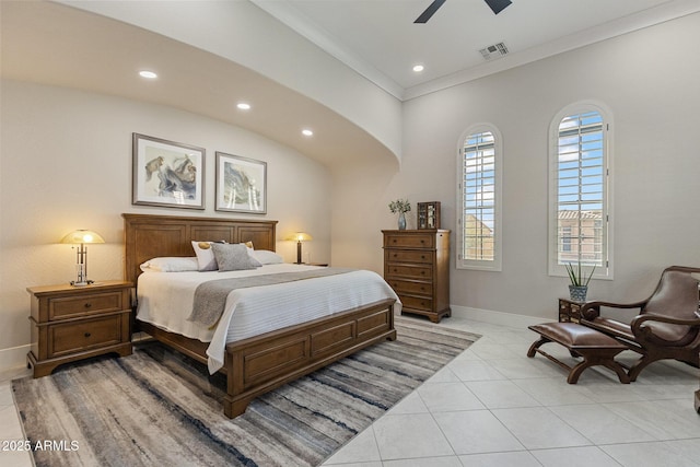 bedroom with visible vents, ornamental molding, recessed lighting, light tile patterned floors, and baseboards