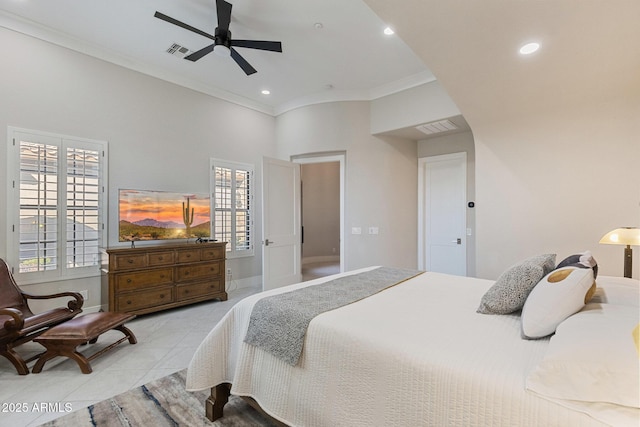 tiled bedroom with recessed lighting, baseboards, visible vents, and ornamental molding