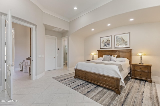 bedroom featuring baseboards, visible vents, light tile patterned flooring, arched walkways, and ornamental molding