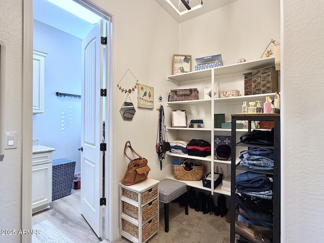 spacious closet featuring light hardwood / wood-style floors