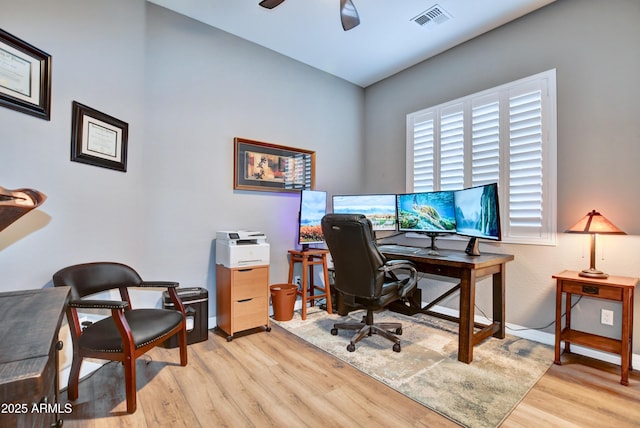 office space with ceiling fan and light wood-type flooring