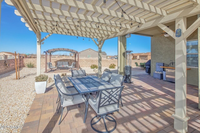 view of patio with an outdoor living space and a pergola