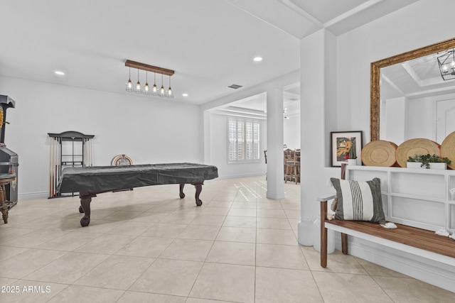 recreation room with light tile patterned flooring, visible vents, recessed lighting, and billiards