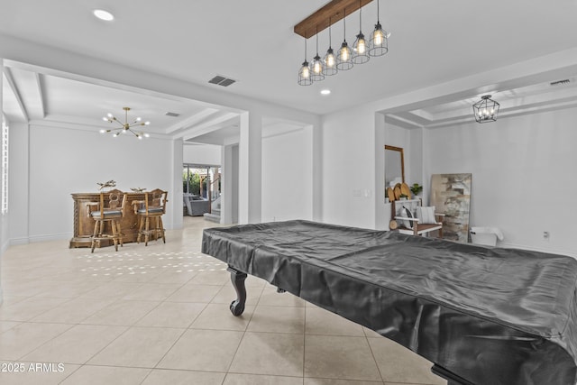 recreation room featuring billiards, visible vents, a bar, a raised ceiling, and tile patterned floors